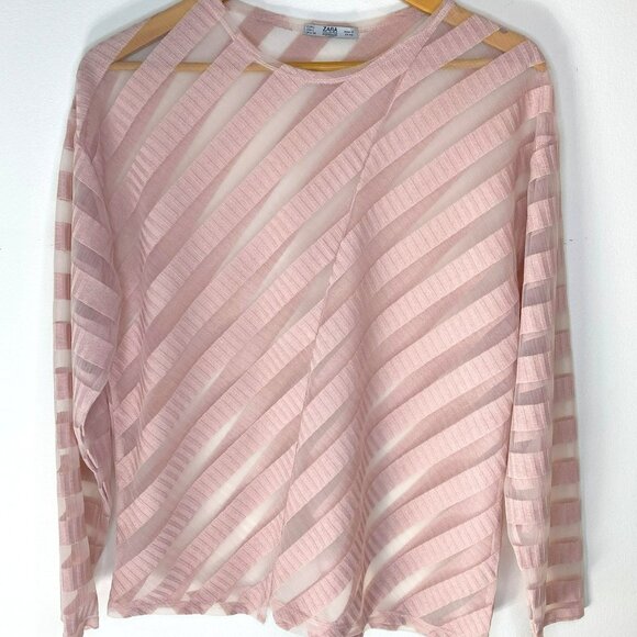 Zara - Long sleeve top, Diagonal patterned stripes, Summery, Pink Sheer - Size L - Picture 1 of 6